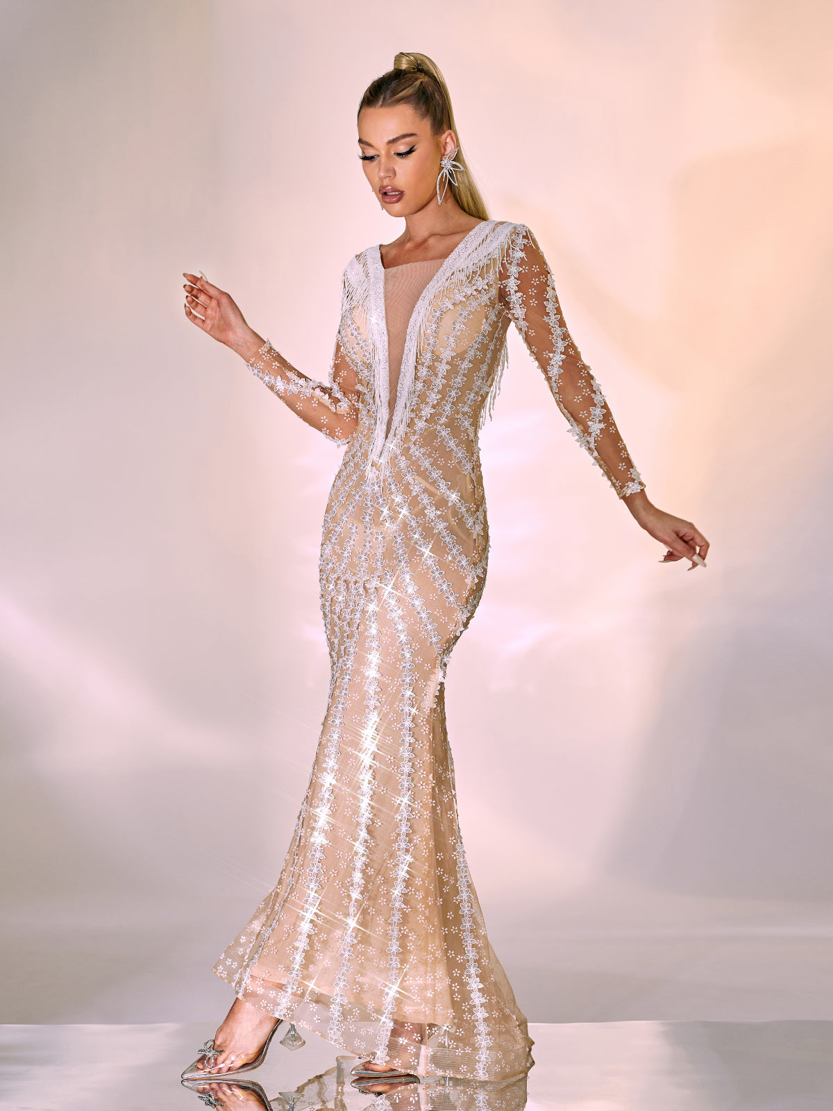 Plunging V Neck Fringe Tassel Beaded Grid Long Sleeve Maxi Gown