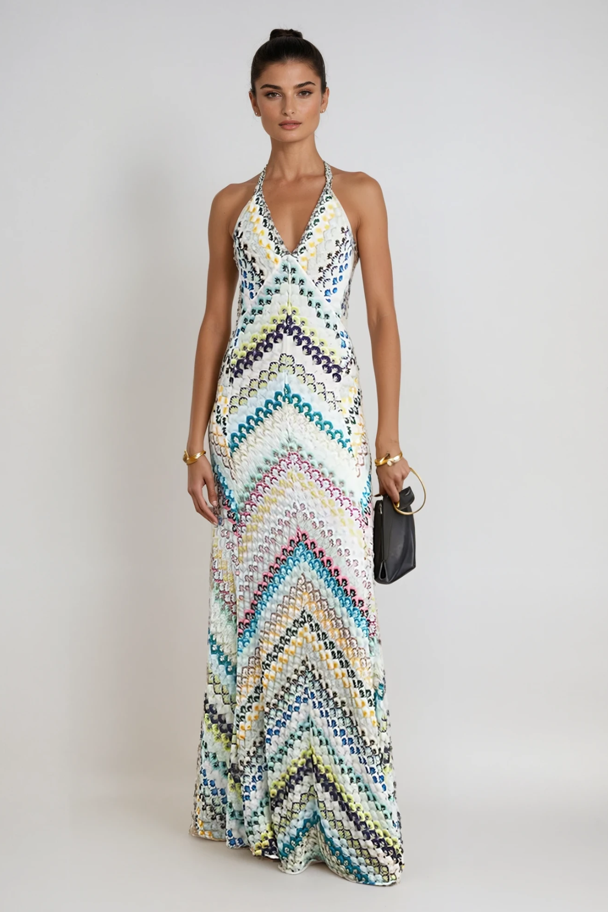 Halter Deep V Neck Chevron Pattern Maxi Dress 2