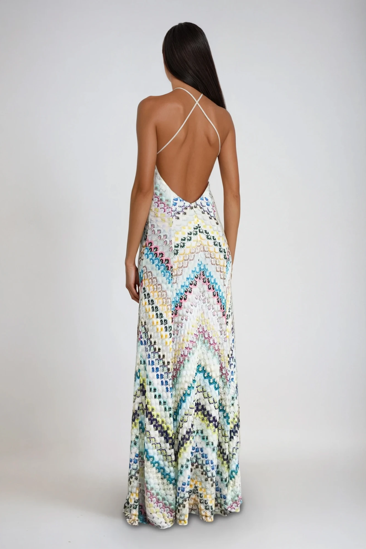 Halter Deep V Neck Chevron Pattern Maxi Dress 3
