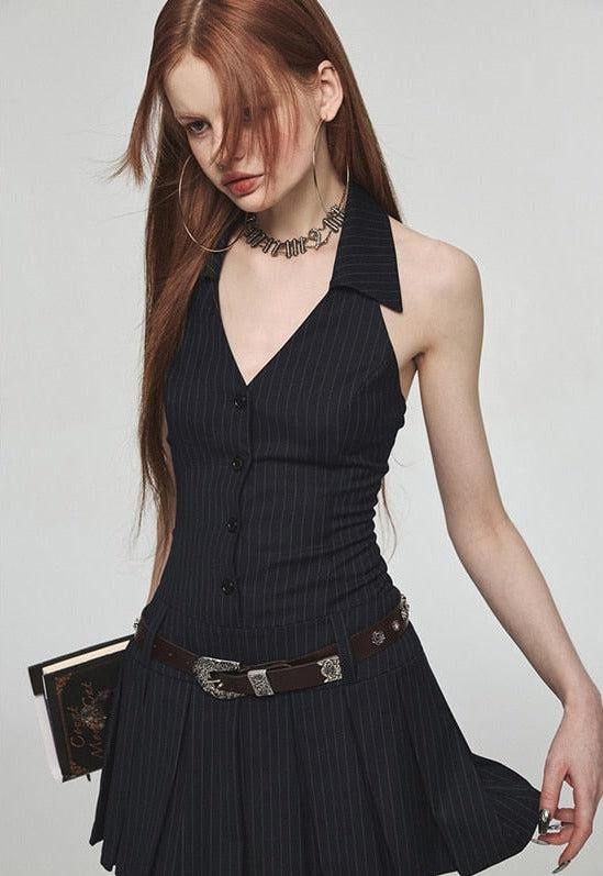 Pinstripe Halter Collar V-Neck Button Front Pleated Mini Dress 2