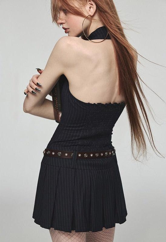 Pinstripe Halter Collar V-Neck Button Front Pleated Mini Dress 3