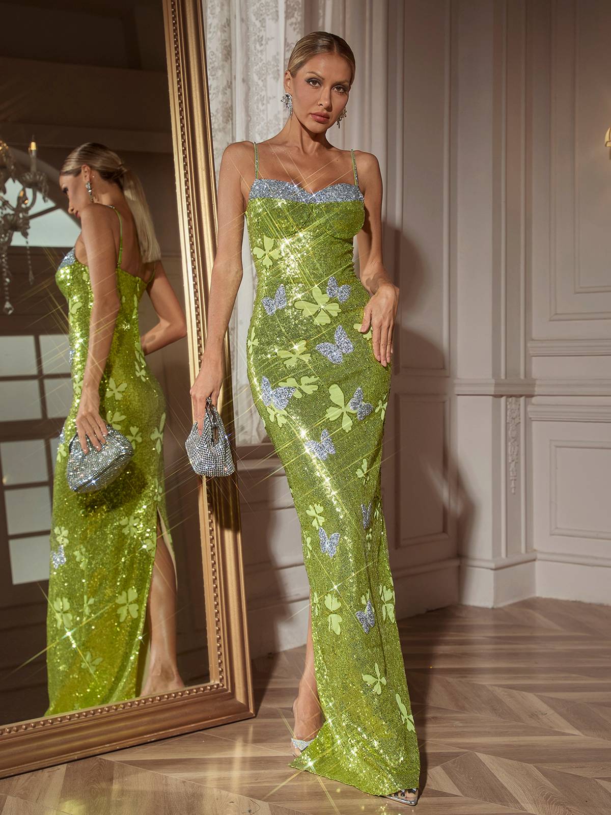 Spaghetti Strap Butterfly Sequin Embellished Maxi Dress
