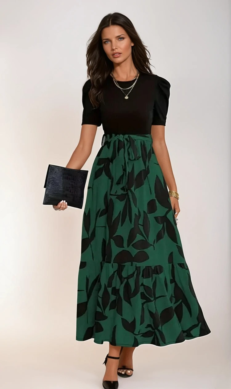 Puff Sleeve Crew Neck Abstract Floral Print Tie Waist Tiered Maxi Dress 2