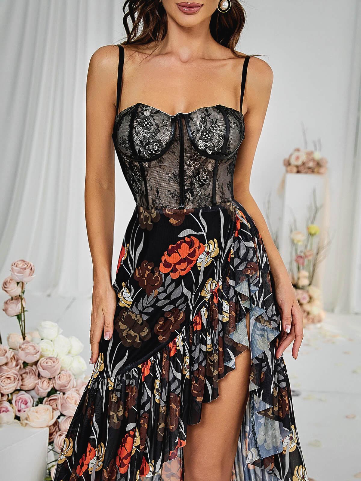 Mesh Overlay Floral Print Long Sleeve Midi Dress 6