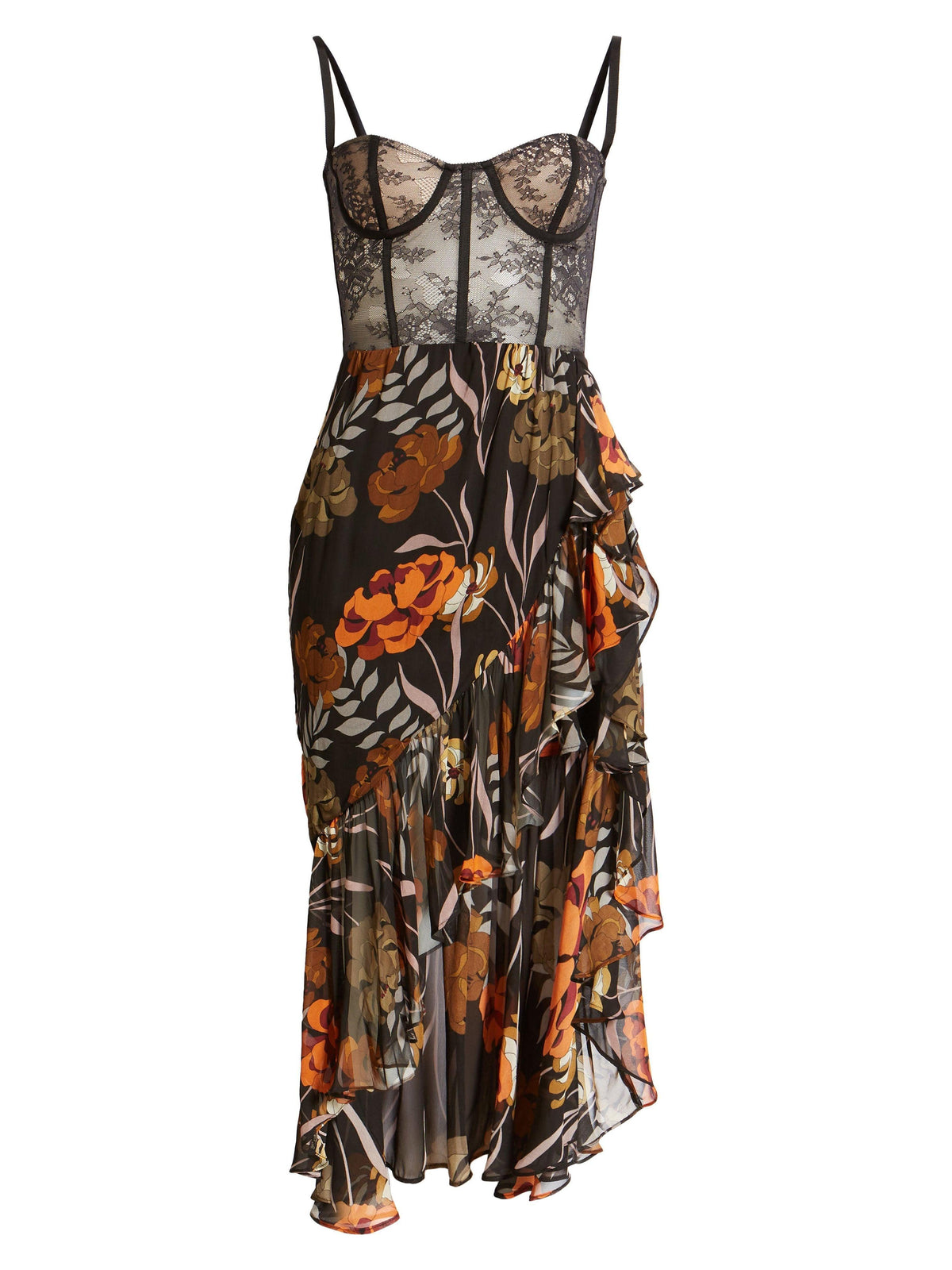 Lace Bustier Floral Print Asymmetric Ruffle Midi Dress 5