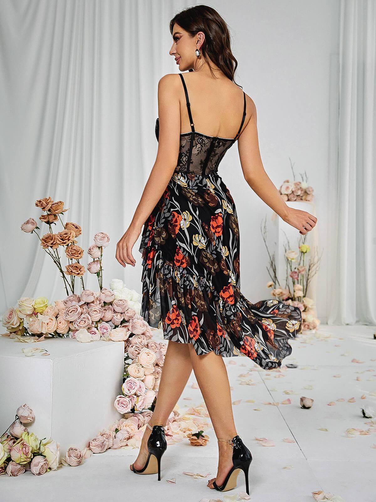Lace Bustier Floral Print Asymmetric Ruffle Midi Dress 6