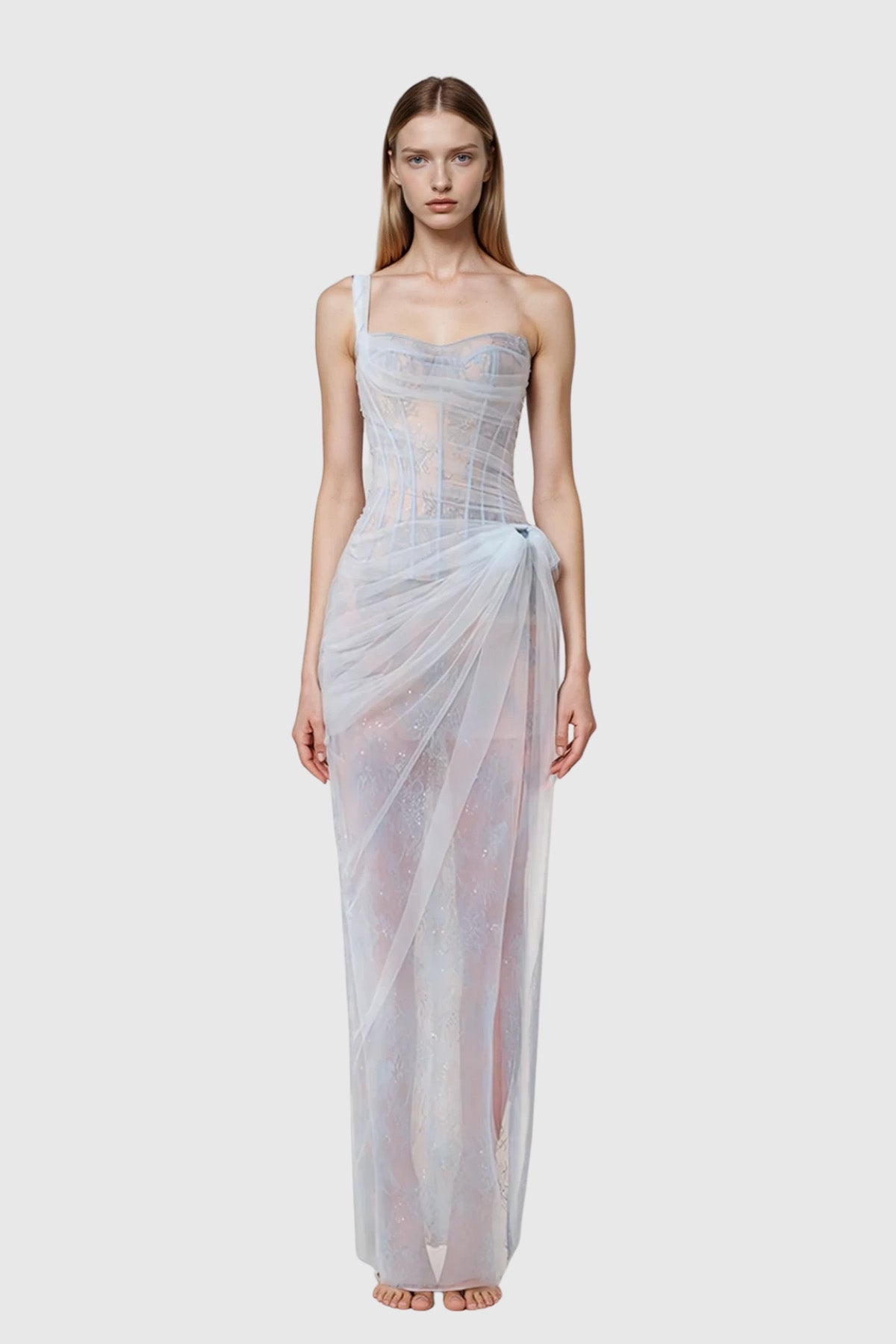 One Shoulder Corset Lace Tulle Knotted Drape Midi Dress 3