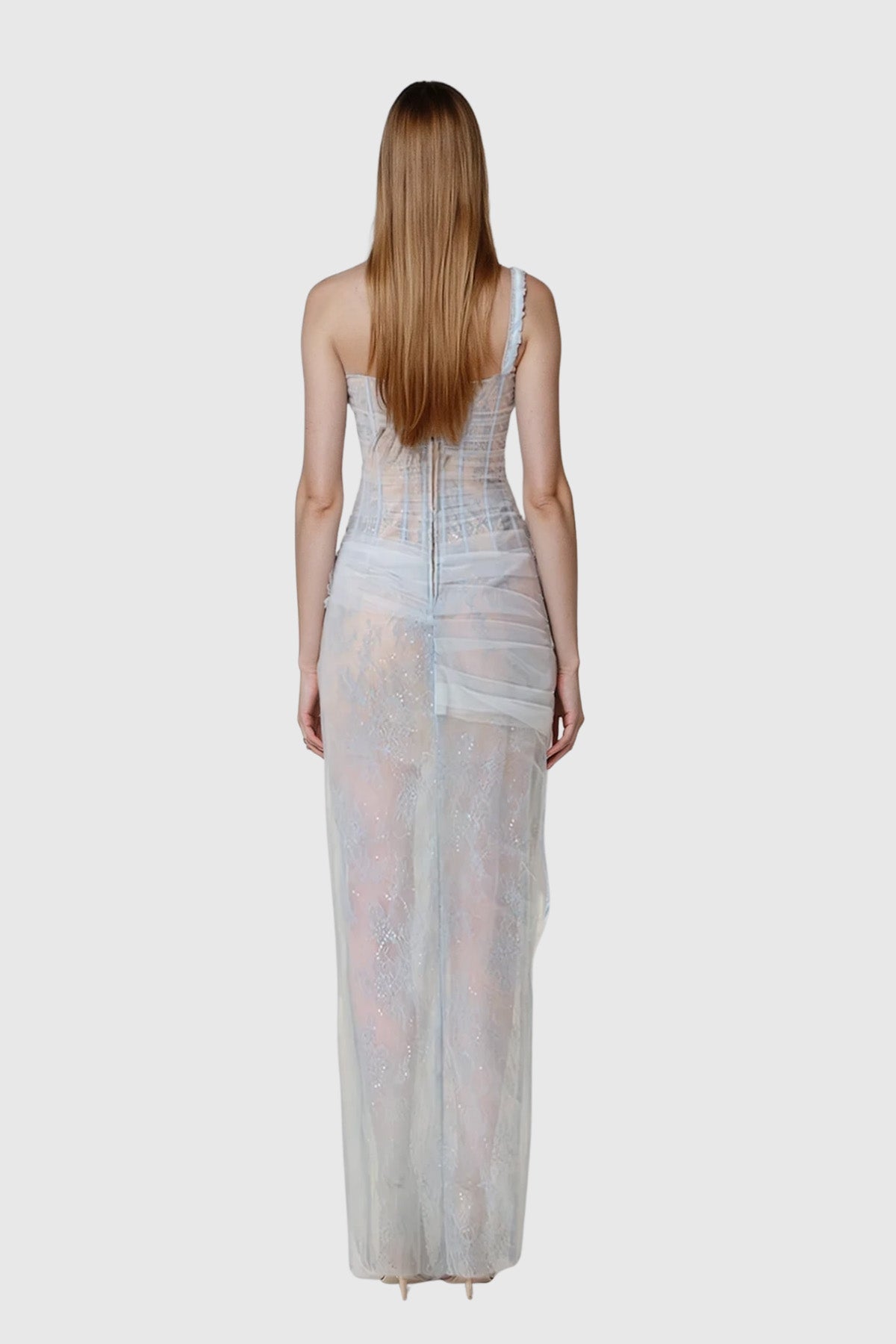 One Shoulder Corset Lace Tulle Knotted Drape Midi Dress 5