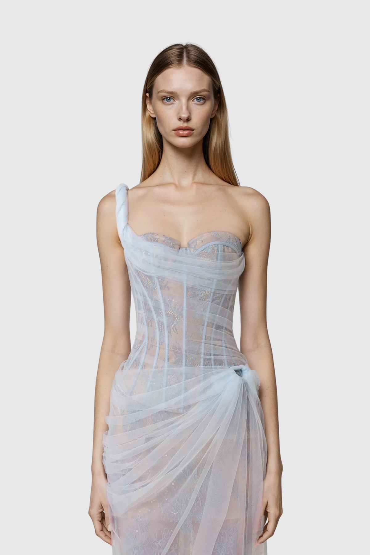 One Shoulder Corset Lace Tulle Knotted Drape Midi Dress 2