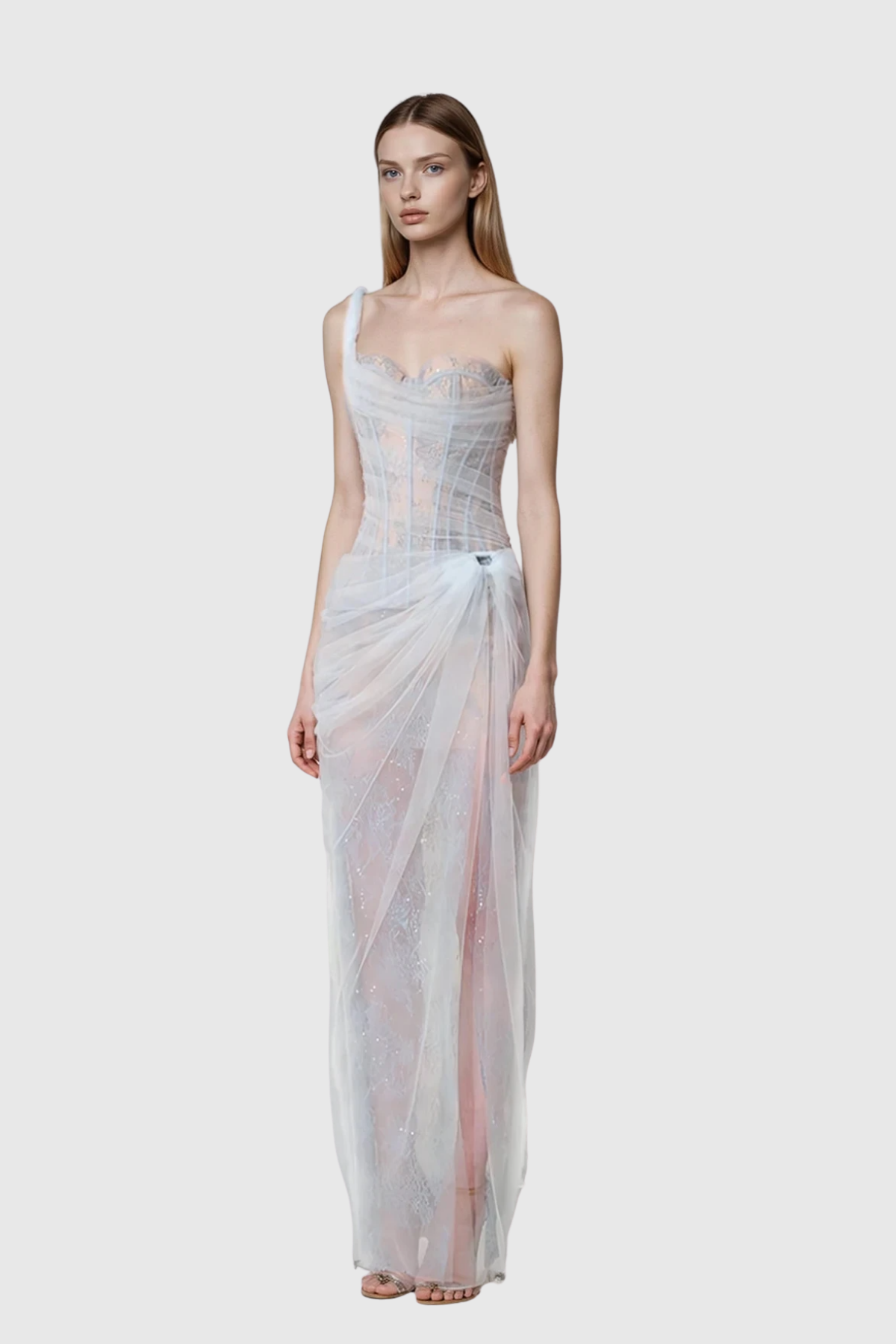 One Shoulder Corset Lace Tulle Knotted Drape Midi Dress 4