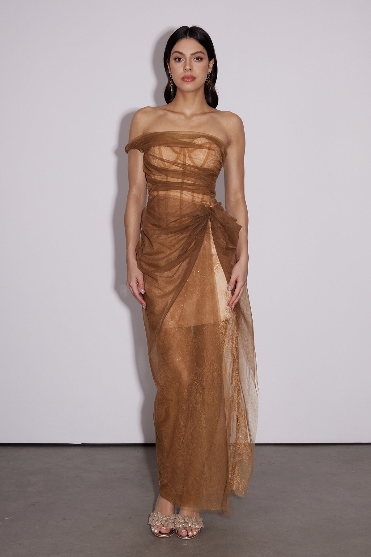 Strapless Corset Lace Mesh Draped Knot Maxi Dress