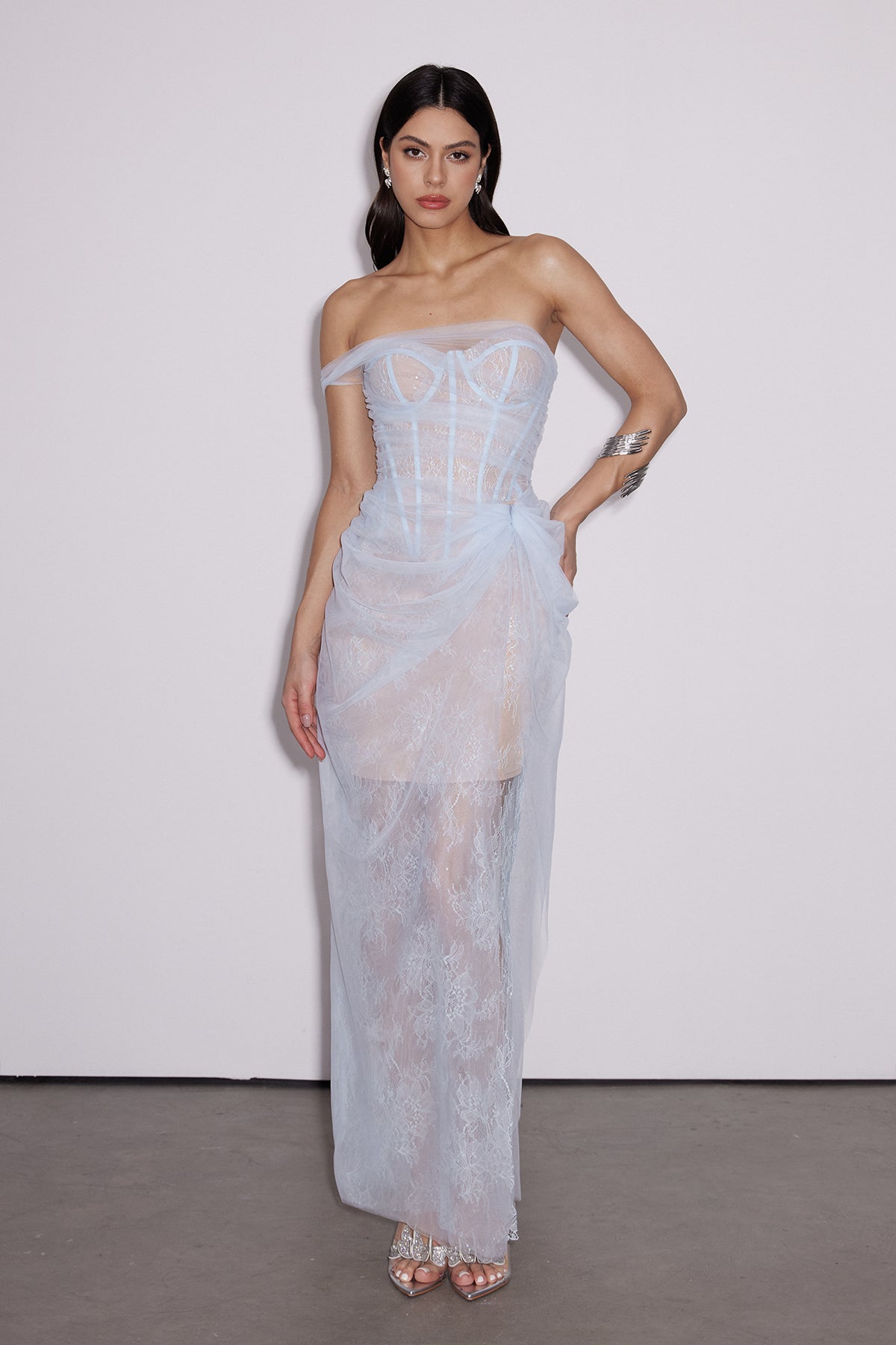 Strapless Corset Lace Mesh Draped Maxi Dress