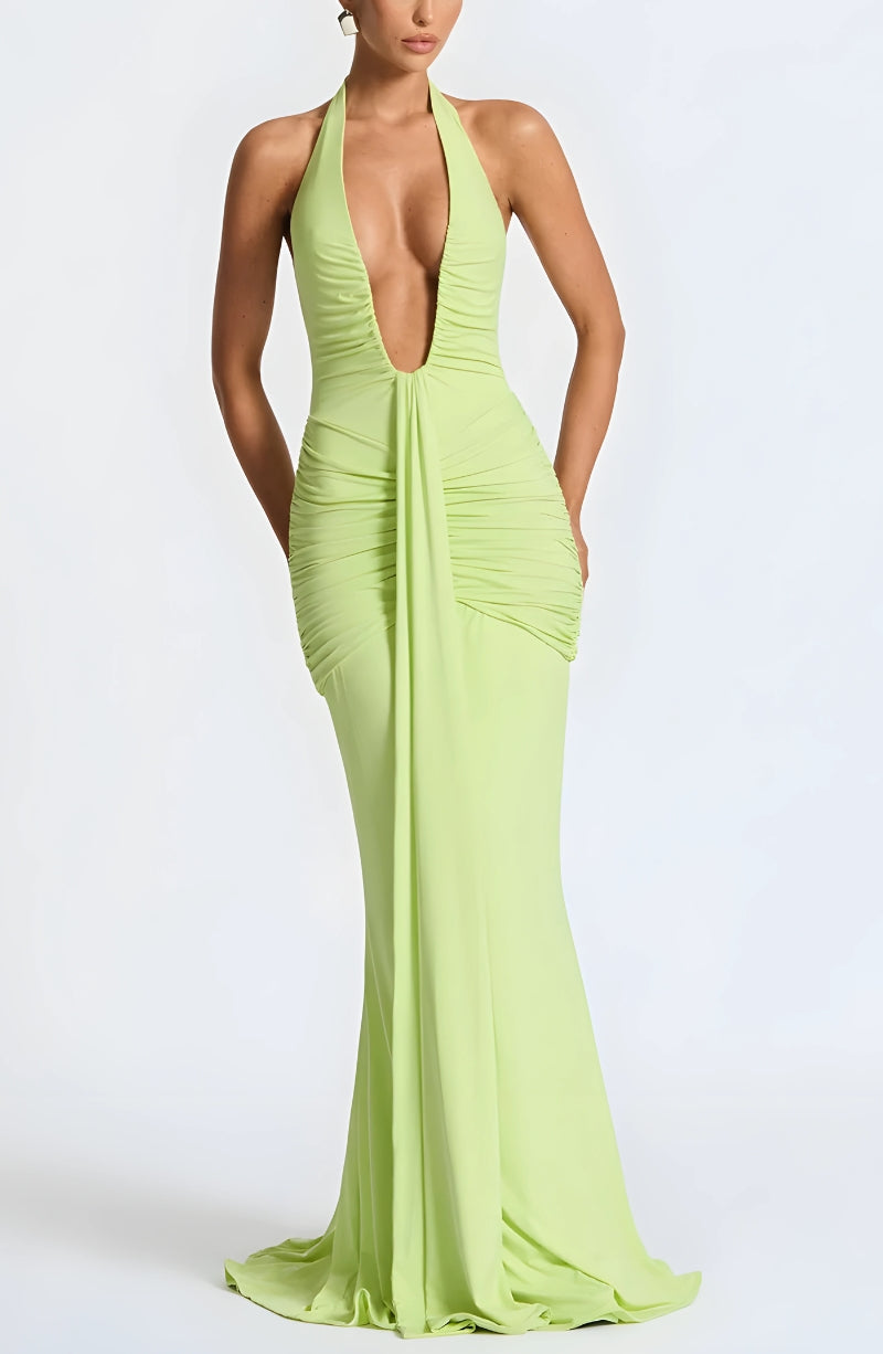Halter Deep Plunge Ruched Draped Panel Bodycon Maxi Gown
