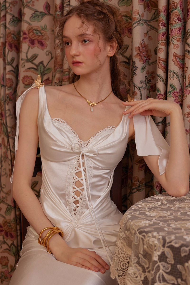 Lace-Up Corset Sweetheart Neck Ruched Satin Midi Dress 3