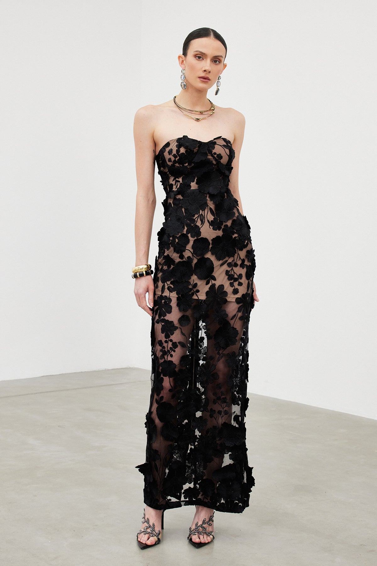Strapless Flower Mesh Column Maxi Gown