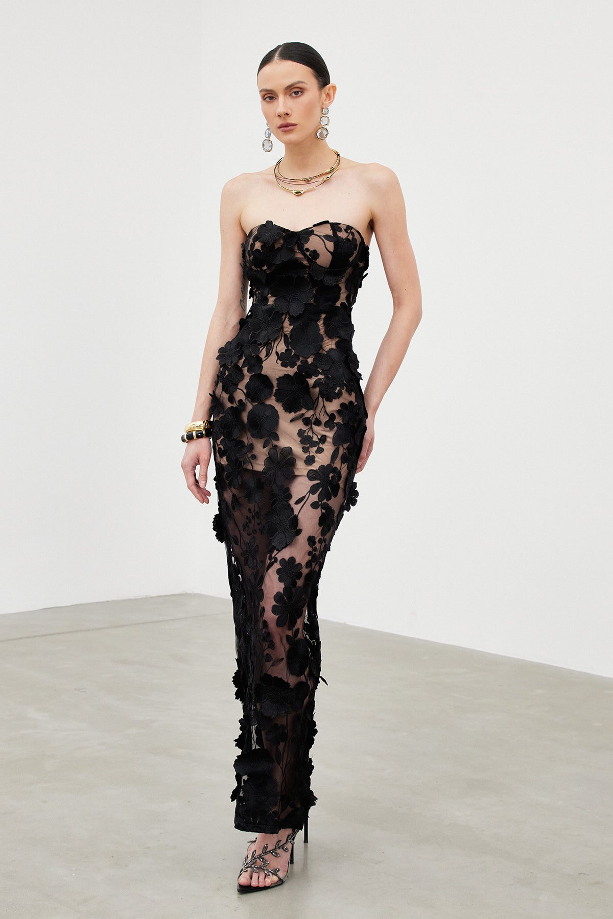 Strapless Flower Mesh Column Maxi Gown 3