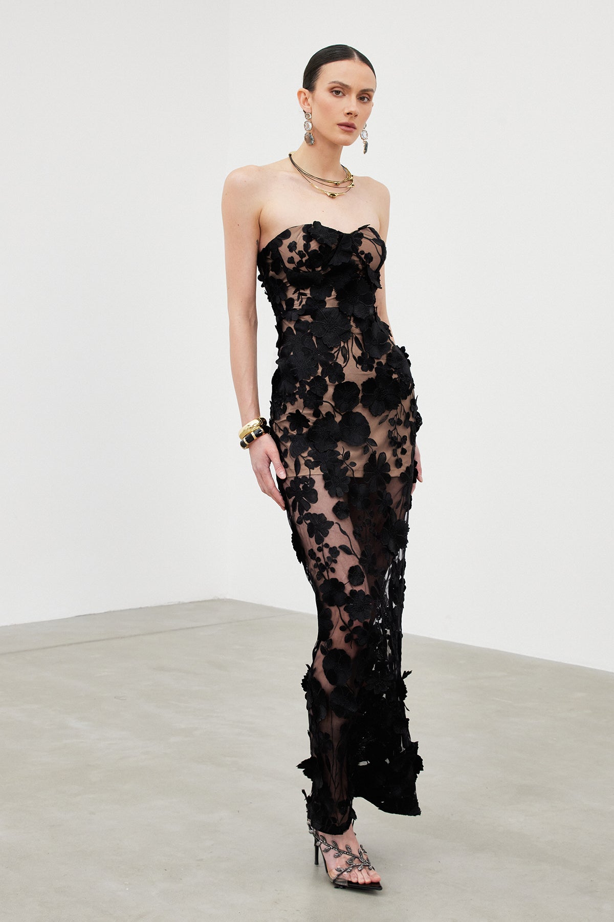 Strapless Flower Mesh Column Maxi Gown 2