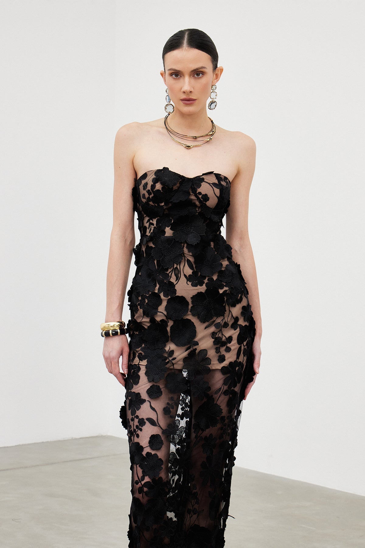 Strapless Flower Mesh Column Maxi Gown 5