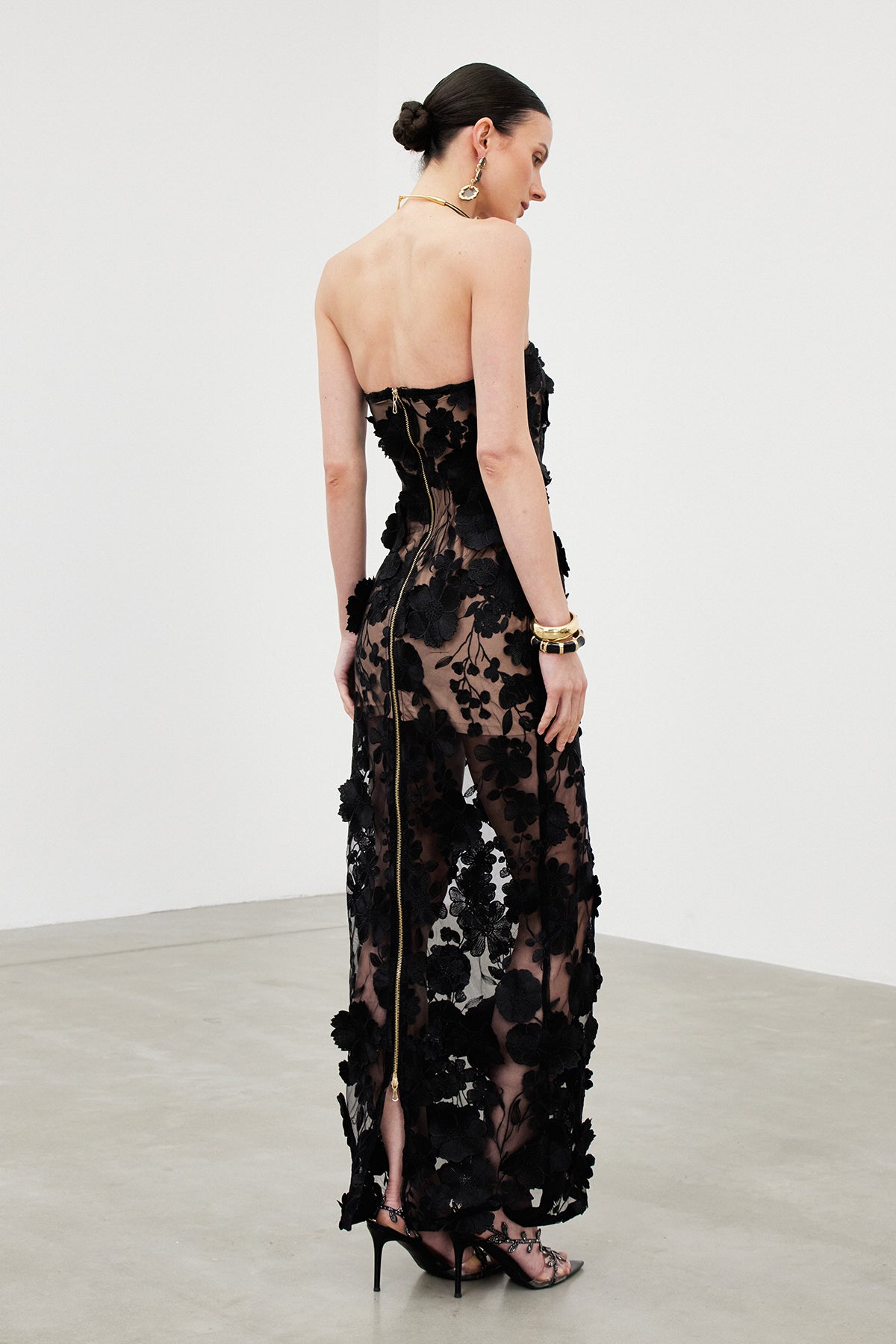Strapless Flower Mesh Column Maxi Gown 4