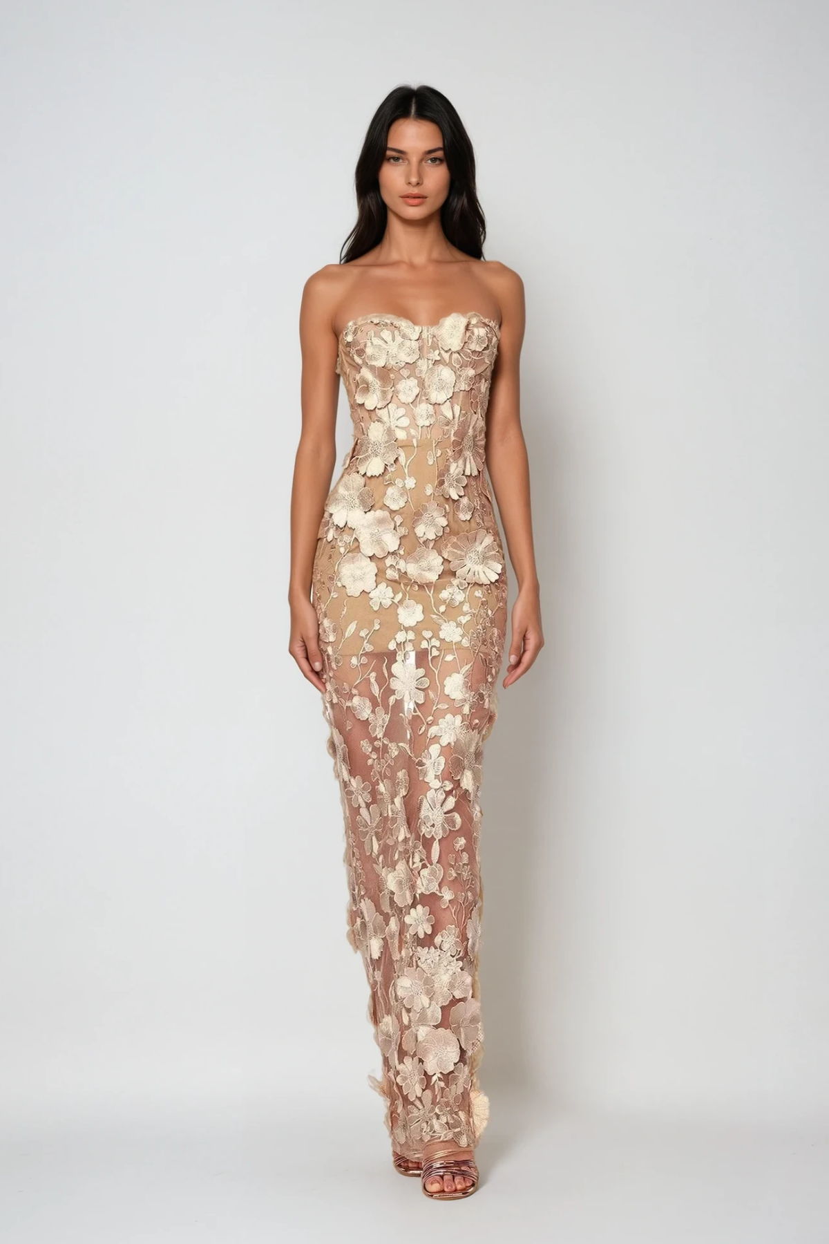 Strapless Sweetheart 3D Floral Applique Sheer Overlay Column Maxi Gown 2