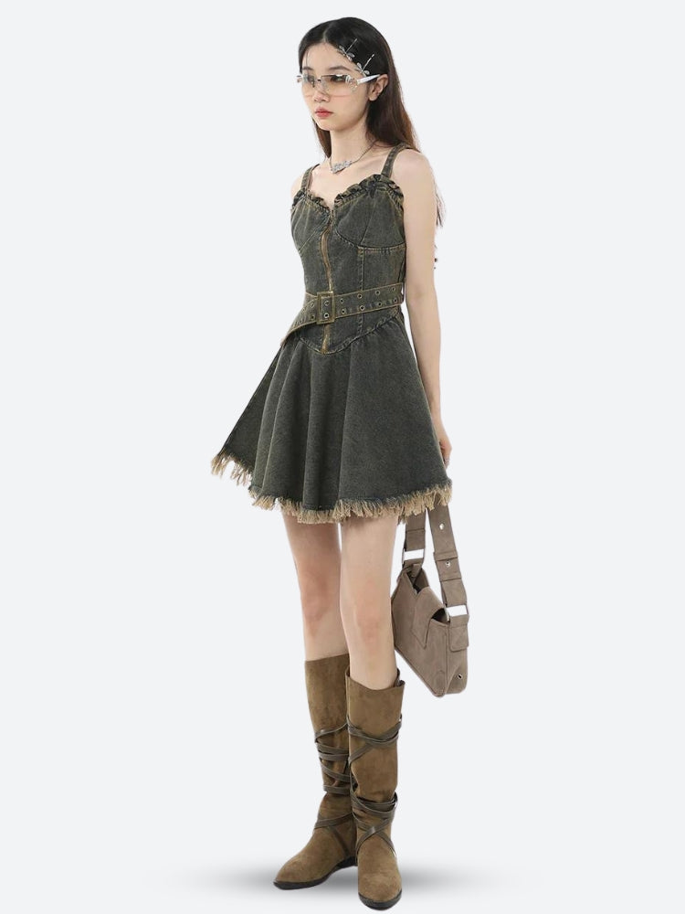 Zip Front Belted Corset Ruffle Neck Frayed Hem Denim Mini Dress