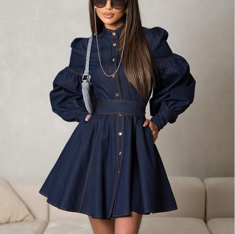 Mandarin Collar Puff Sleeve Button Front Waistband A-Line Denim Mini Dress