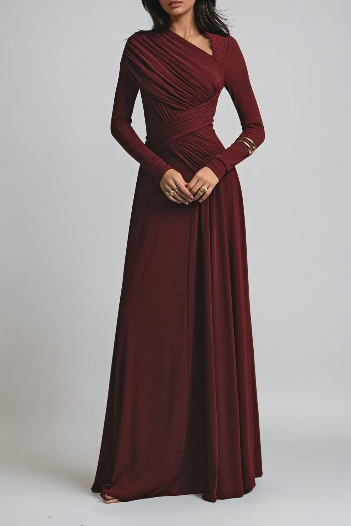 Asymmetric Neck Diagonal Ruch Drape Long Sleeve Maxi Gown