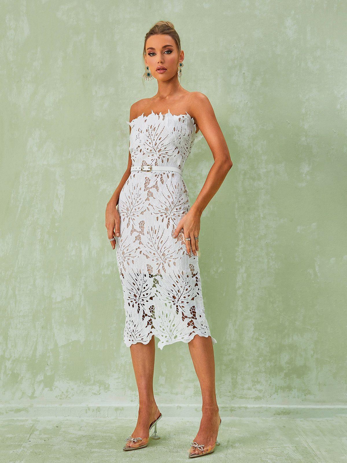 Scalloped Lace Column Midi Dress
