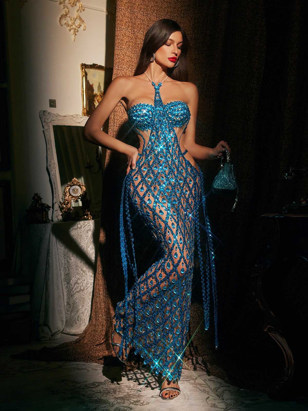 Halter Neck Sweetheart Mesh Crystal Lattice Fringe Maxi Dress 4