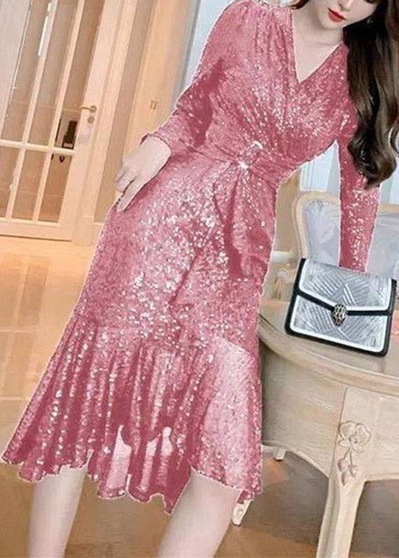 V-Neck Sequin Belted Long Sleeve Mermaid Flounce Midi Dress 2