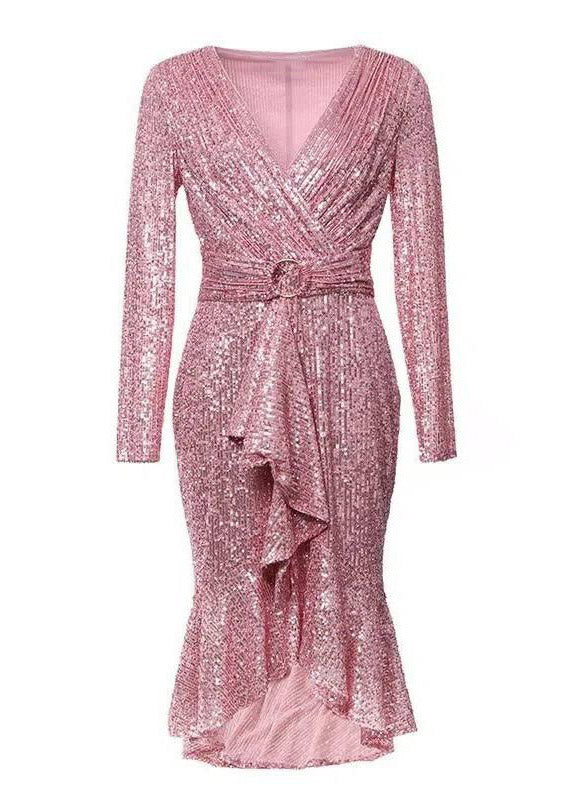 V-Neck Sequin Belted Long Sleeve Mermaid Flounce Midi Dress 5