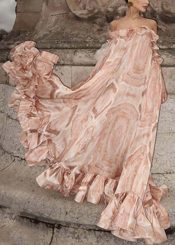 Spaghetti Strap Marble Print Cold-Shoulder Ruffle Tier Oversized Maxi Dress