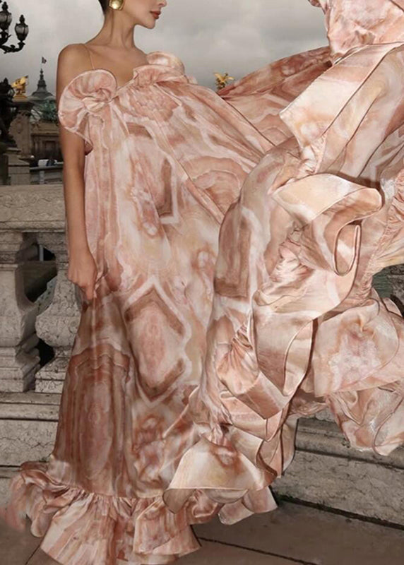 Spaghetti Strap Marble Print Cold-Shoulder Ruffle Tier Oversized Maxi Dress 2