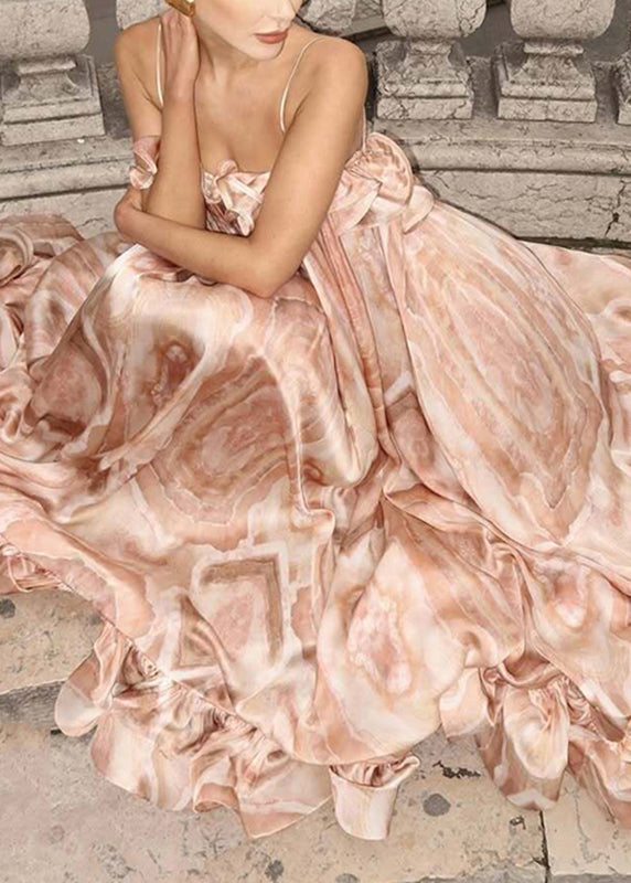 Spaghetti Strap Marble Print Cold-Shoulder Ruffle Tier Oversized Maxi Dress 3