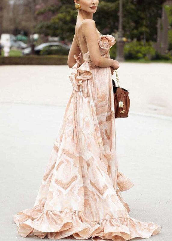 Spaghetti Strap Marble Print Cold-Shoulder Ruffle Tier Oversized Maxi Dress 4