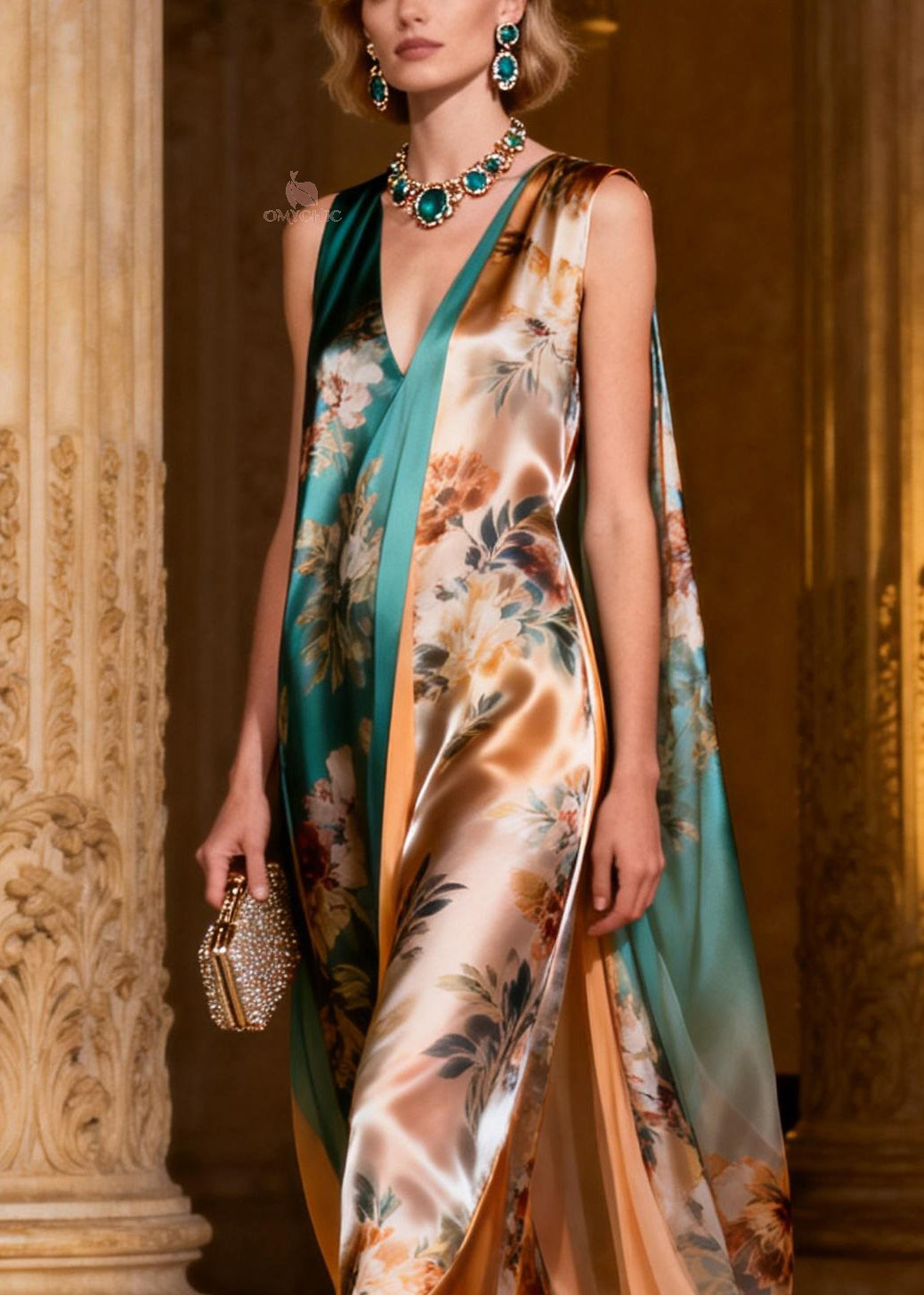 Sleeveless Floral Draped Cape High Slit Satin Maxi Gown 2
