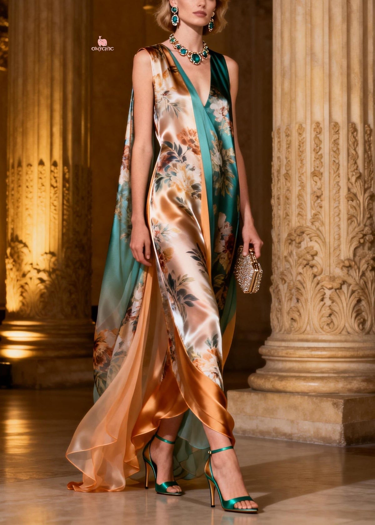 Sleeveless Floral Draped Cape High Slit Satin Maxi Gown 3