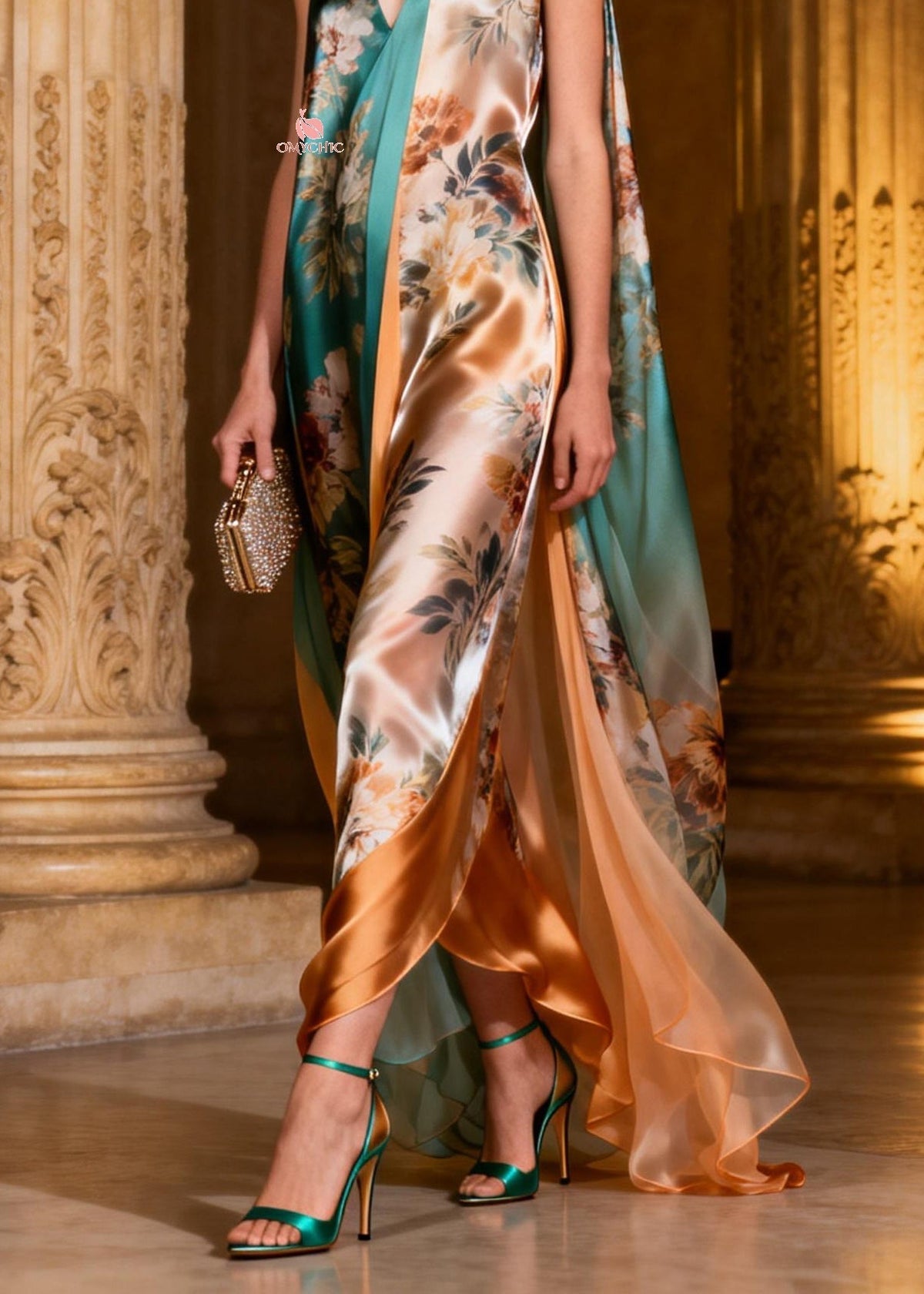 Sleeveless Floral Draped Cape High Slit Satin Maxi Gown 4