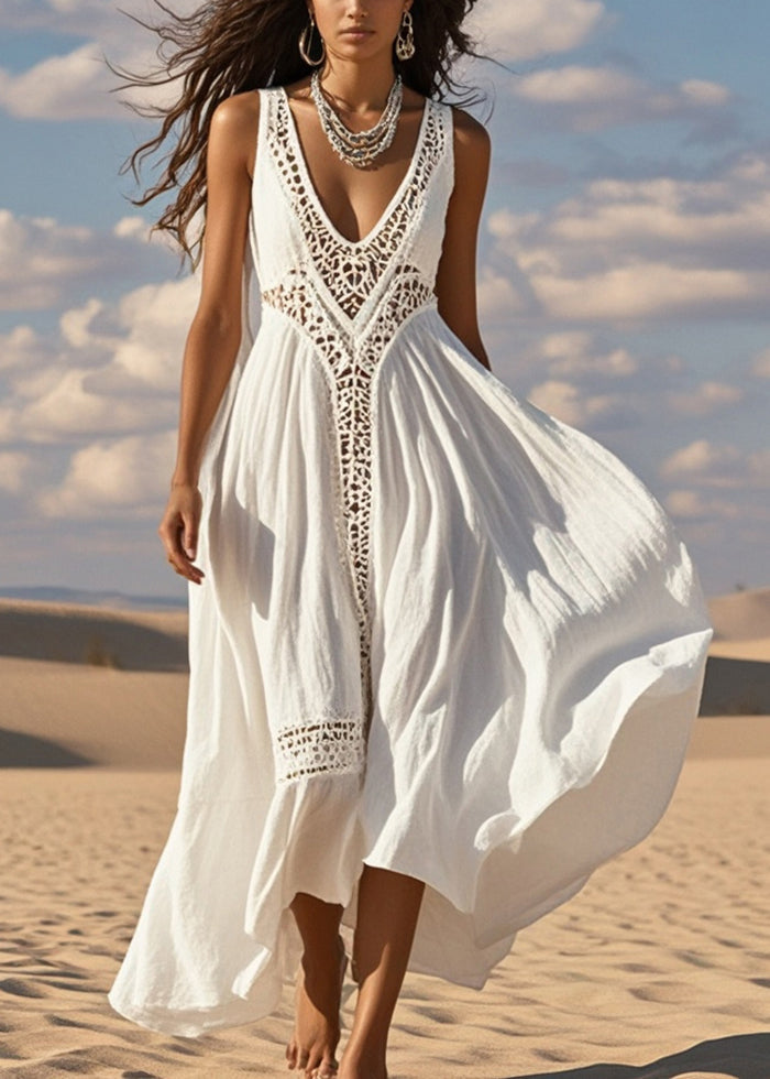 Deep V-Neck Chevron Crochet Lace Insert High Low Hem Gauze Maxi Dress