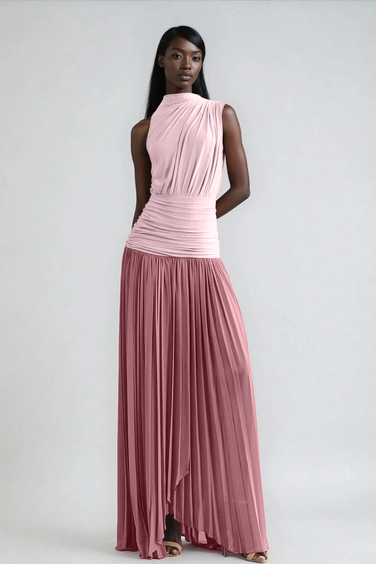 Mock Neck Sleeveless Diagonal Drape Ruched Waist Accordion Pleat Maxi Dress 2