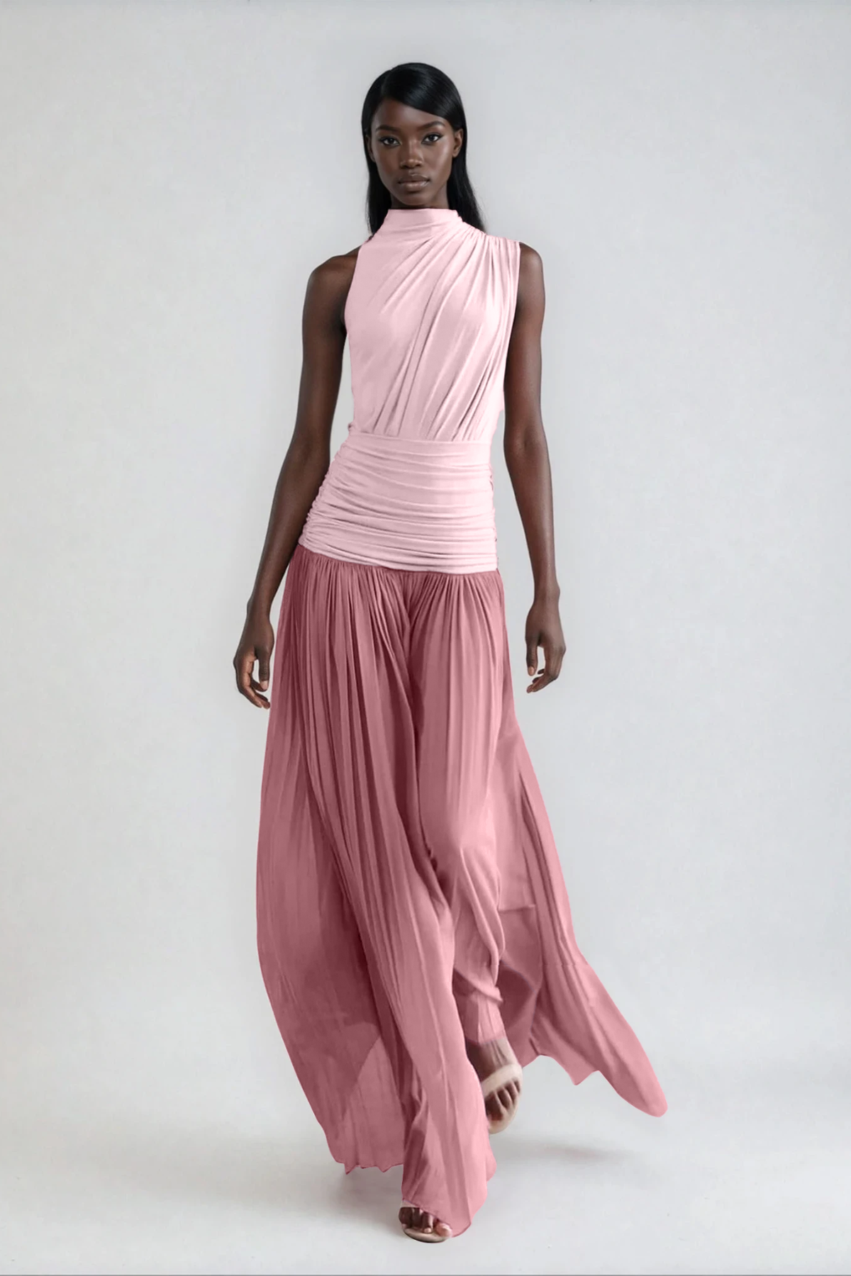 Mock Neck Sleeveless Diagonal Drape Ruched Waist Accordion Pleat Maxi Dress 3