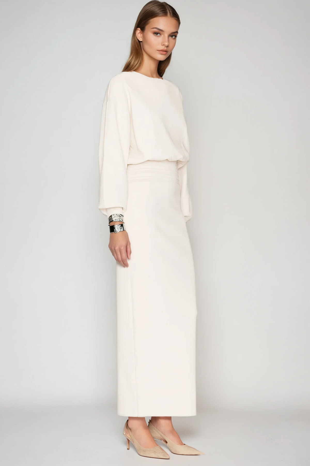 Boat Neck Balloon Sleeve Smocked Waist Column Maxi Dress 3