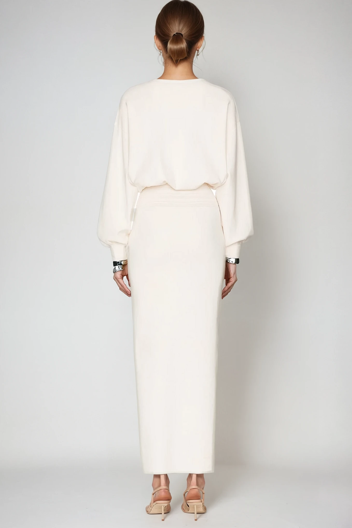 Boat Neck Balloon Sleeve Smocked Waist Column Maxi Dress 4
