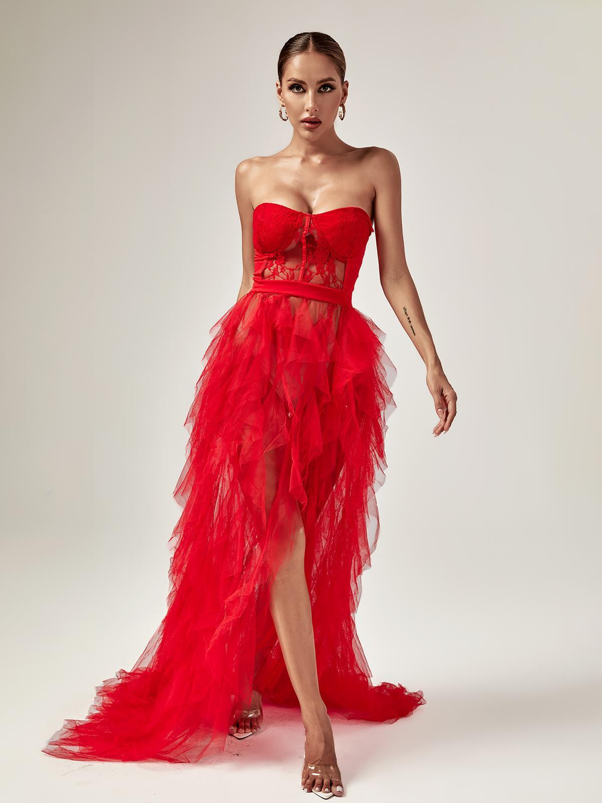 Strapless Corset Lace Tiered Tulle High Slit Train Maxi Gown 2