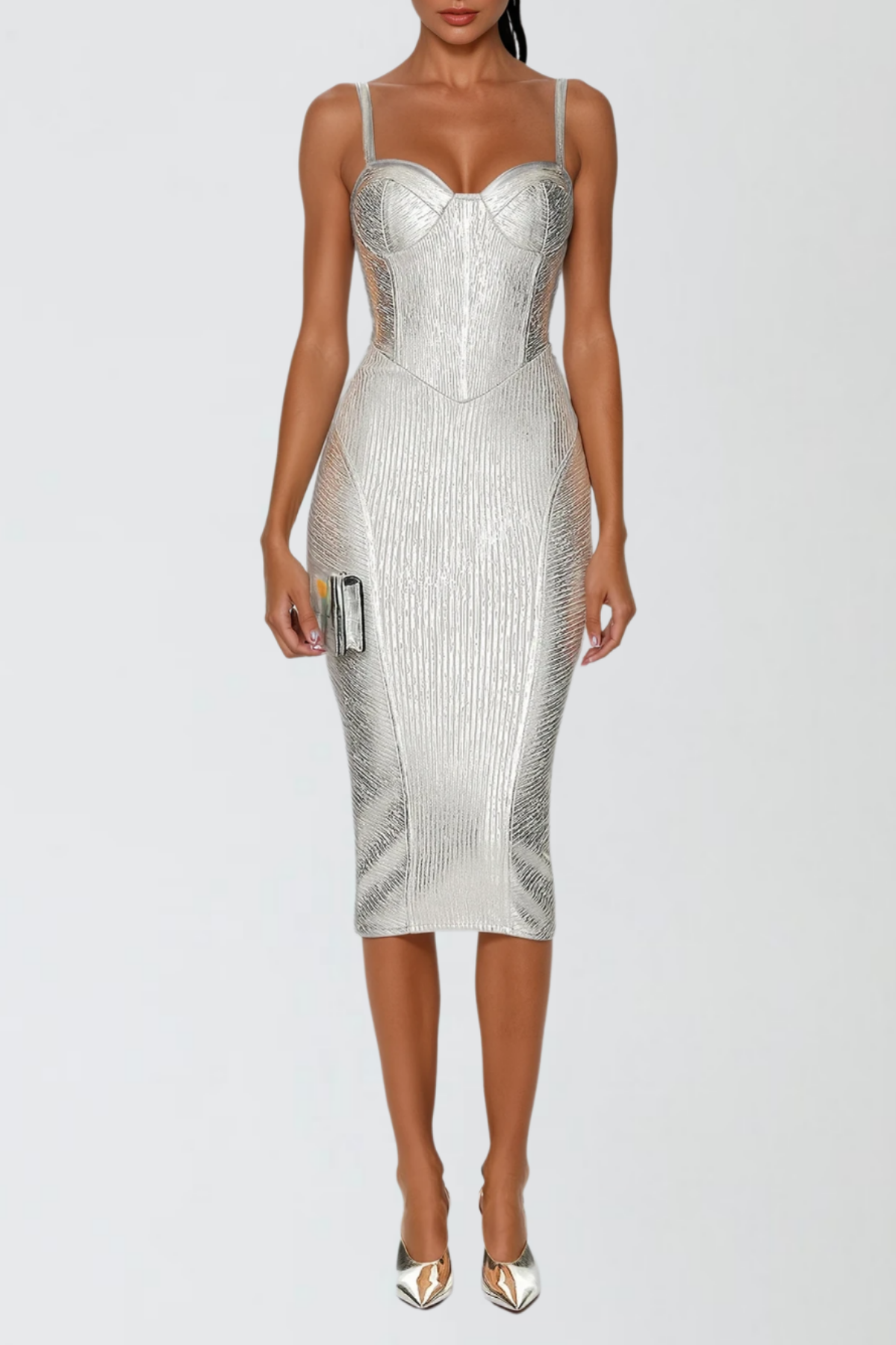 Spaghetti Strap Sweetheart Corset Basque Waist Ribbed Metallic Bandage Midi Dress