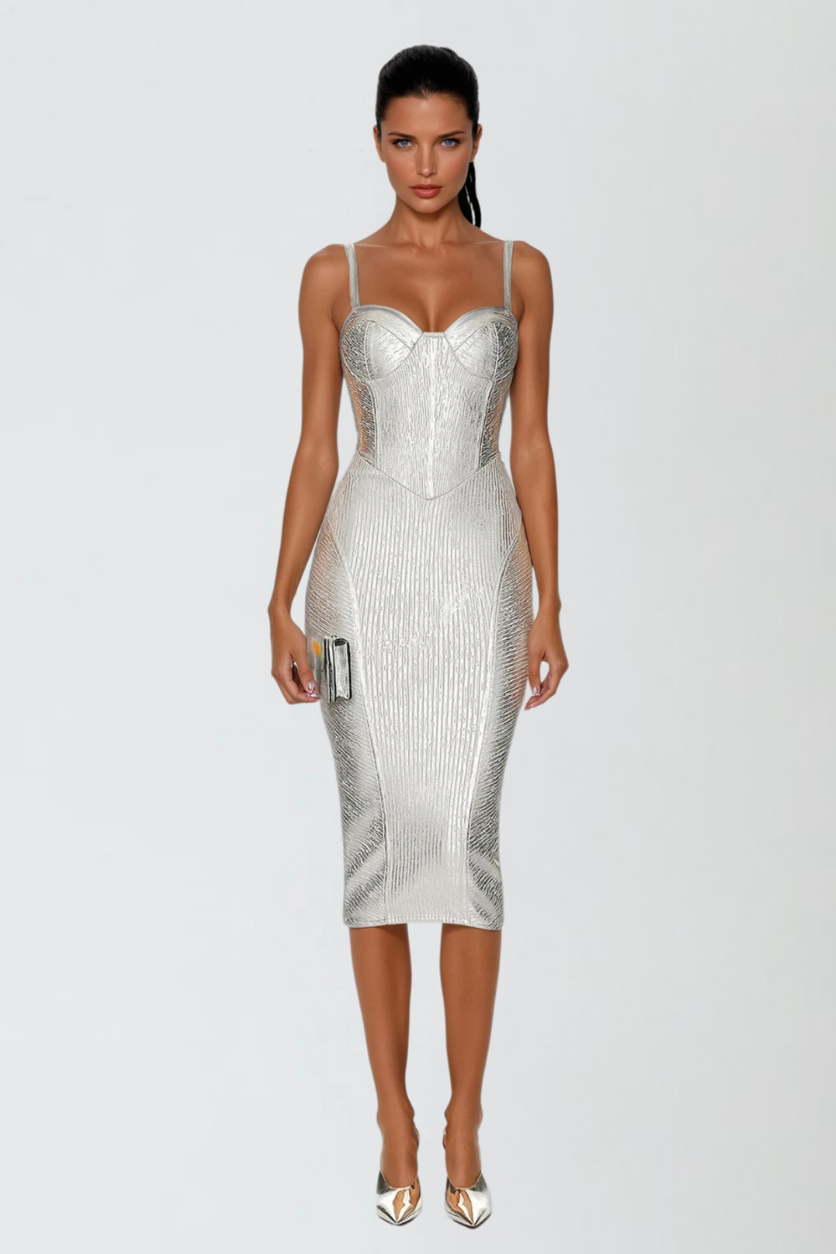 Spaghetti Strap Sweetheart Corset Basque Waist Ribbed Metallic Bandage Midi Dress 2
