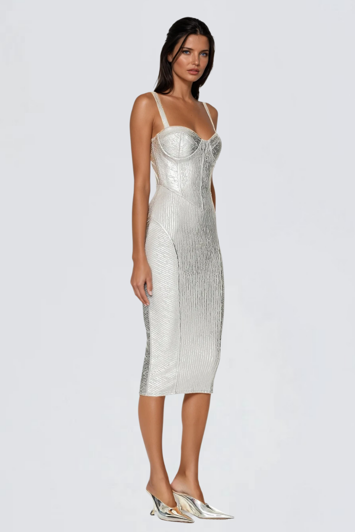 Spaghetti Strap Sweetheart Corset Basque Waist Ribbed Metallic Bandage Midi Dress 3
