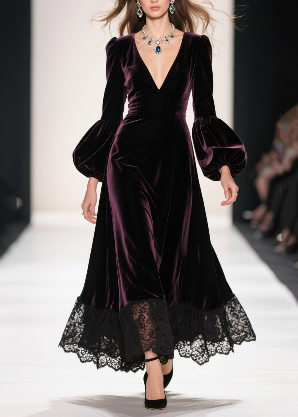 Deep V-Neck Bishop Sleeve Velvet Lace Hem Maxi Dress