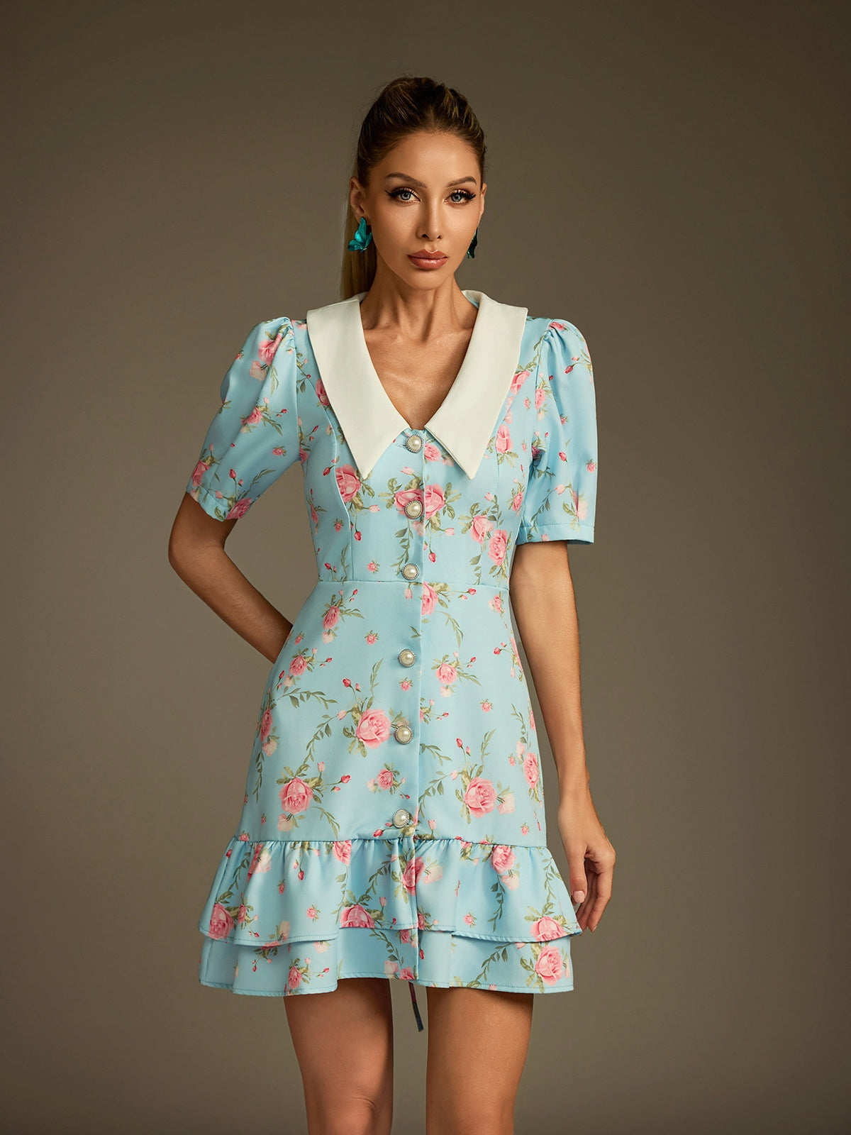 Pointed Collar Pearl Button Puff Sleeve Floral Tiered Ruffle Mini Dress
