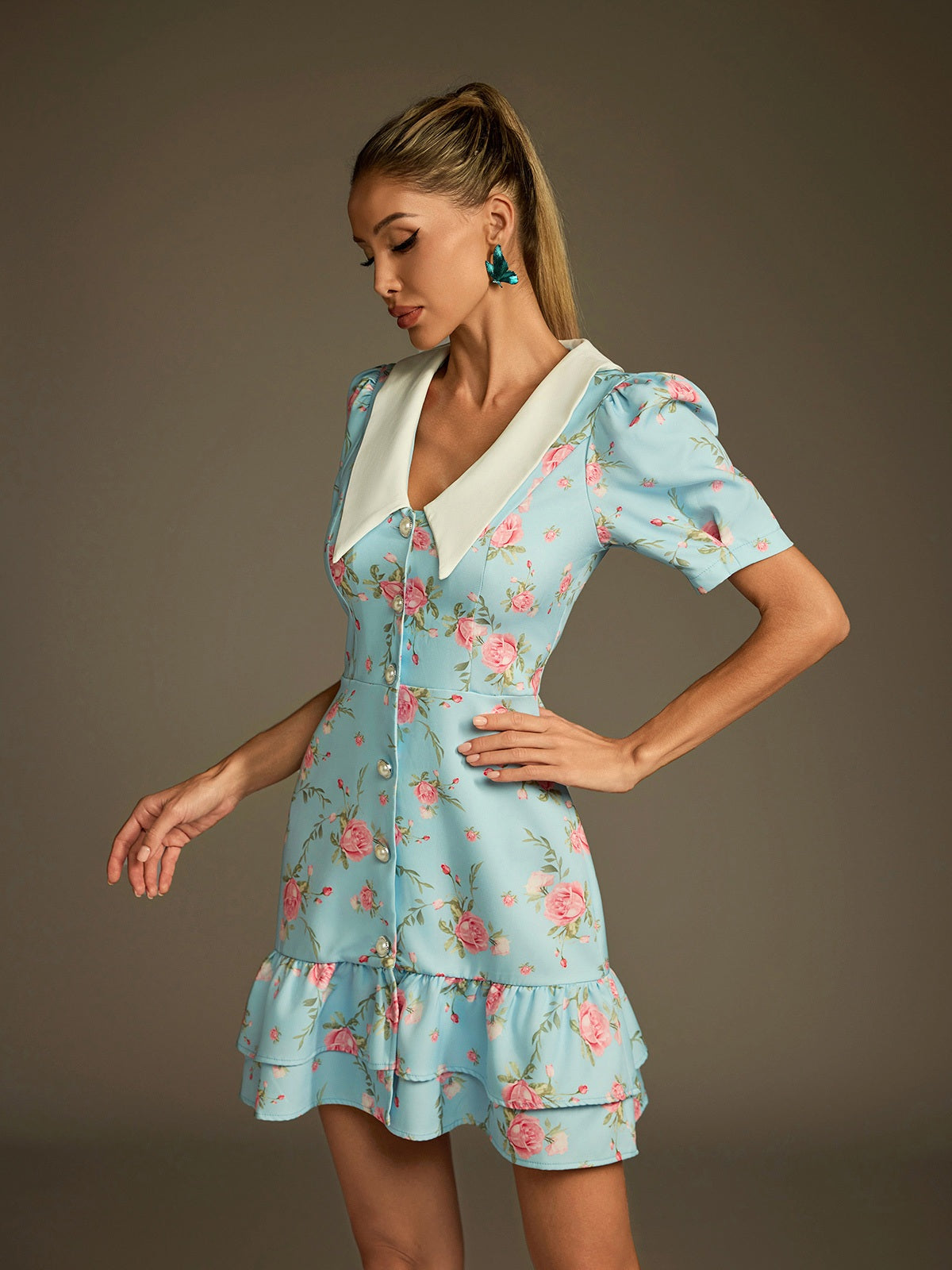 Pointed Collar Pearl Button Puff Sleeve Floral Tiered Ruffle Mini Dress 4